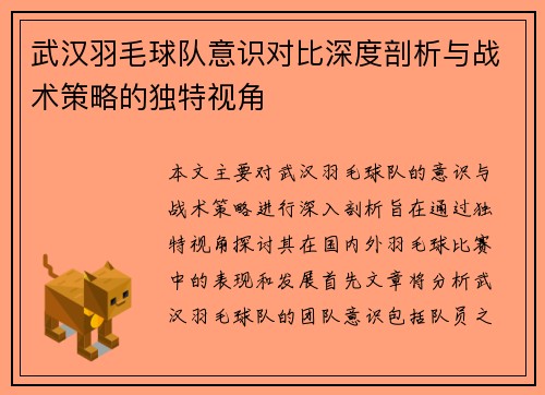 武汉羽毛球队意识对比深度剖析与战术策略的独特视角