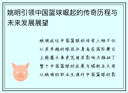 姚明引领中国篮球崛起的传奇历程与未来发展展望